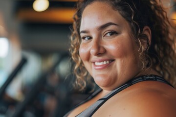 Wall Mural - Close up portrait of a smiling obese woman in gym