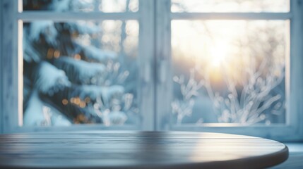 Wall Mural - A wooden table with a view of a snowy forest and a sun setting