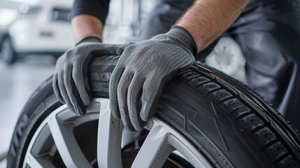 Wall Mural - A man is wearing gloves and holding a tire