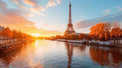 A stunning view of the Eiffel Tower by the river Seine during sunset, with calm waters, colorful sky, and boats along the riverbanks, showcasing Paris's scenic beauty.