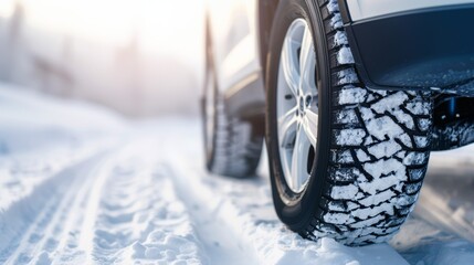 Sticker - A car tire with snow on it is shown in a snowy road