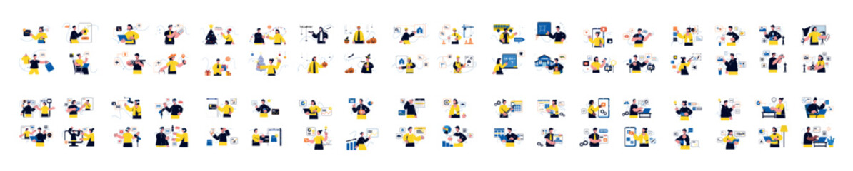 Wall Mural - mega set of yellow concepts with people scene in flat cartoon design. every scene in this collection