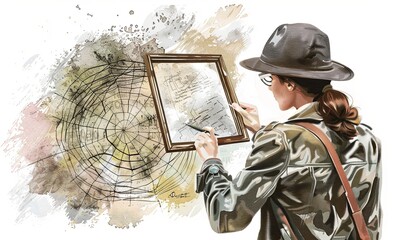 Wall Mural - Delve into the world of espionage as a female spy examines a seemingly ordinary frame. Behind the artwork lies a complex web of hidden messages, challenging her wit and expertise. 