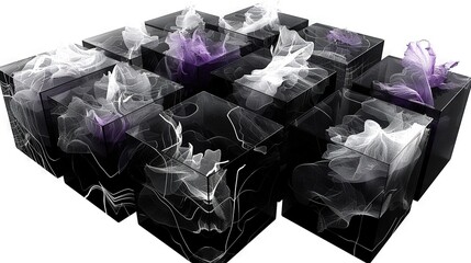 Sticker -   A group of black-and-white boxes with purple and white flowers centered atop each box