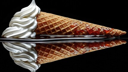 Poster -   Two scoops of ice cream sitting side by side on a shiny surface against a dark backdrop