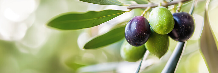 Wall Mural - Closeup of fresh olives growing on olive tree branch in sunlight, ripe and unripe olives on tree branch concept