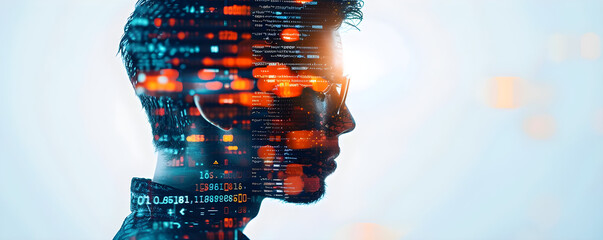 futuristic programmer, digital code, immersive technology, coding interface, creative design, minimalist aesthetic, cyber applications, emotional engagement, tech innovation, copy space for text