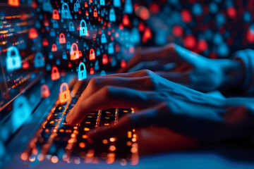 A person is typing on their laptop, with digital blue padlock icons floating above the keyboard and screen
