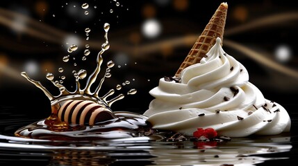 Poster -   Ice Cream Sundae on Black Surface with Splashing Water