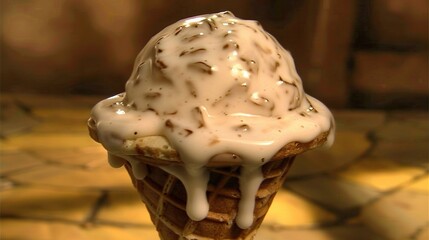 Poster -   A picture of a close-up ice cream cone with white icing on top