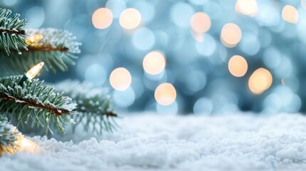 A Christmas tree with lights on it is surrounded by snow