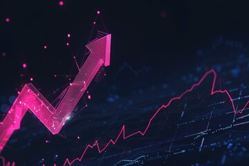 Digital pink arrow up with stock market graph and growth chart on dark background, navy details, vector illustration, flat design, detailed, , hyper-realistic, professional lighting, cinematic shot.