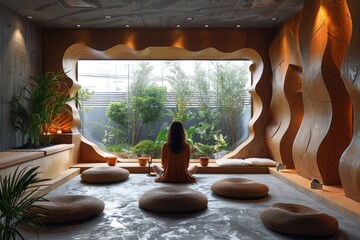 A serene and artistically designed meditation room features a large window with a lush garden view, wooden interior decorations, and comfortable seating cushions.