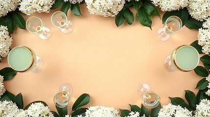 Poster -   A pink background features a white-topped table surrounded by green hydrangeas and additional foliage, displaying cups and saucers