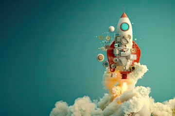 A whimsical illustration of a rocket made of computer parts launching into space, symbolizing a tech startup launch