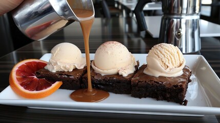 Sticker -   A plate of cake with ice cream and orange wedges drizzled with caramel