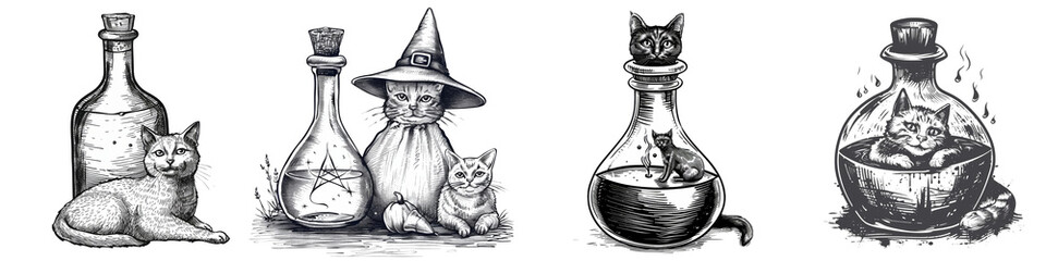 Collection of Potion bottles magic vector. Vintage witch game alchemy sketch with cats. Magician line drawing. Witchcraft halloween antidote potion isolated on transparent or white background