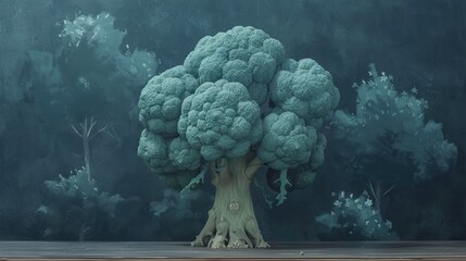 Wall Mural -  Broccoli tree painting with blue-green trees in background