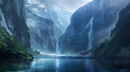 Wall Mural - majestic mountain valley with waterfalls and a tranquil lake