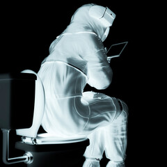 Wall Mural - astronaut reading a tablet on the toilet rear view