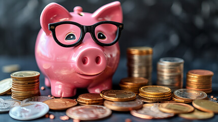 Bespectacled  piggy bank with coins around. 