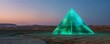 © cac_tus - Illuminated glass pyramid in desert with mountains at dusk, futuristic and mysterious concept