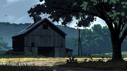 Canvas Print -   A barn in a field with a tree in the foreground and a bird flying in the background