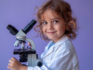 Young Scientist Smiling and Holding Microscope in Professional Attire on Purple Background