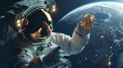 A man in a space suit holding a golden coin