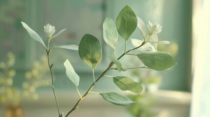 Poster -   Close-up of a plant in a vase with a window in the background and a wall behind it