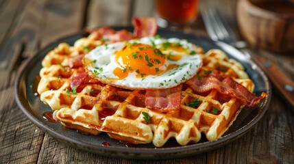 Wall Mural - A plate of waffles is topped with crispy bacon and a perfectly fried egg