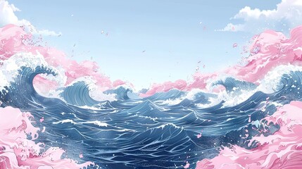 Canvas Print -   A painting of blue sky with pink and blue waves and white clouds