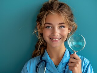 Enthusiastic Young Professional with Magnifying Glass on Teal Background