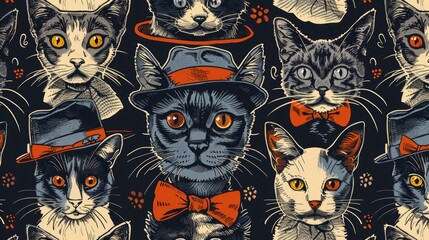 Naklejka na meble animal print design, cute doodle pattern of cats and dogs with hats and bow ties, perfect for a whimsical and creative fabric design