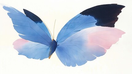 Poster -   A close-up of a blue butterfly with pink and black wings on a white background against a white sky