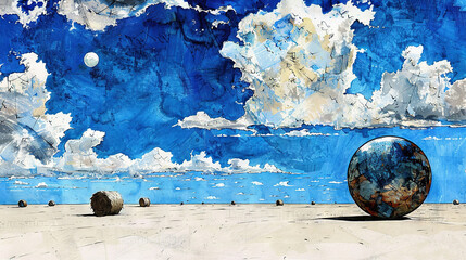 Wall Mural -   A stunning blue sky painting featuring fluffy clouds and a prominent circular object in the foreground surrounded by rocky landscapes