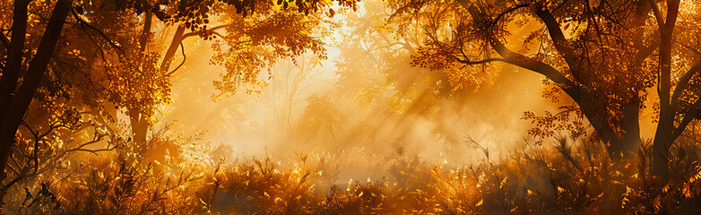 magical autumn landscape unfolds with yellow and orange leaves, panorama forest fog in forest, mysterious mystical landscape, blank for designer
