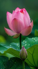 Wall Mural - A beautiful pink flower with dew drops on it