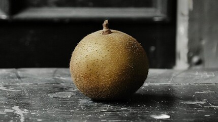 Poster -   A fruit rests atop a wooden table beside a monochrome image of a doorway