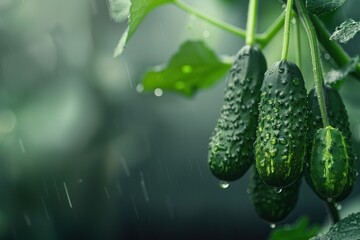 Wall Mural - Micro close up of a fresh hanged cucumber with water drops dew as wide banner with copy space area