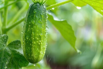 Wall Mural - Micro close up of a fresh hanged cucumber with water drops dew as wide banner with copy space area