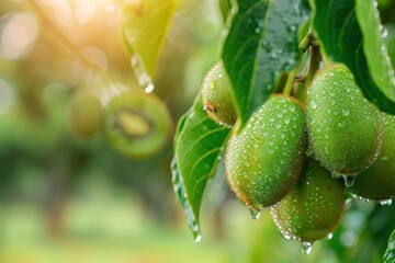 Wall Mural - Micro close up of a fresh kiwi fruits hanged on tree with water drops dew as wide banner with copy space area