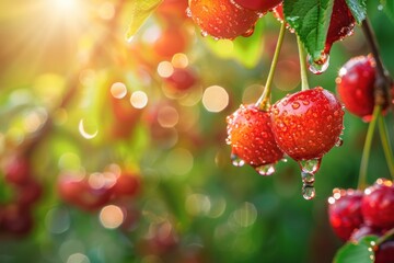 Wall Mural - Micro close up of a fresh red cherry fruit hanged on tree with water drops dew as wide banner with copy space area