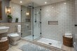 © Sirichai - Minimalist bathroom with white tiles glass shower sleek fixtures soft lighting modern design digital render
