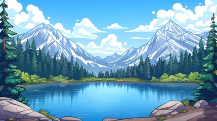 Sticker -   A cartoon depicting a serene lake nestled within towering pines, with majestic mountains looming behind and fluffy clouds above