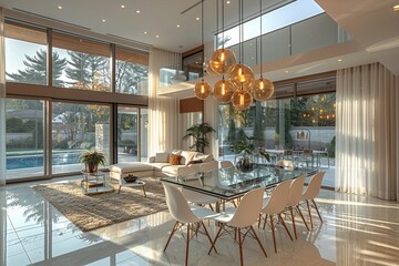 Minimalist dining area with a glass table white chairs pendant lighting simple centerpiece contemporary style highres photo