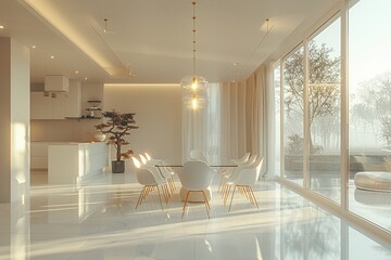 Minimalist dining area with a glass table white chairs pendant lighting simple centerpiece contemporary style highres photo