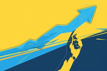 Financial success concept, hand holding upward arrow, blue and yellow background, detailed vector illustration for banners.