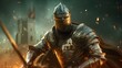 © khunnapat - A knight in full armor stands before a burning castle, sword drawn, ready for battle.