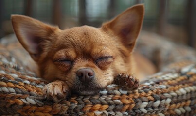 A small brown dog is sleeping on a blanket